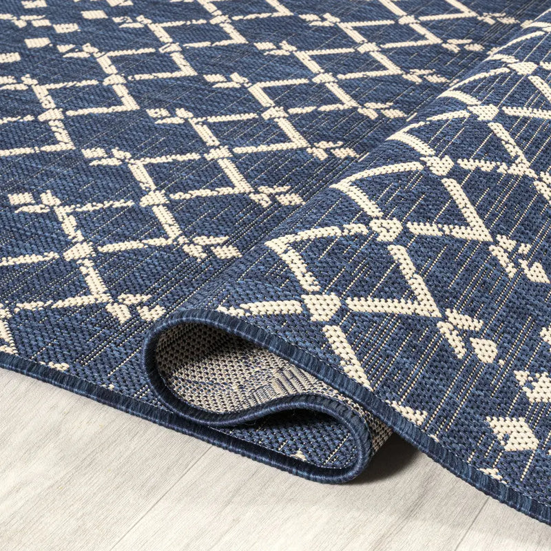 5' Navy Blue And Beige Square Trellis Indoor Outdoor Area Rug Homeroots Outdoor