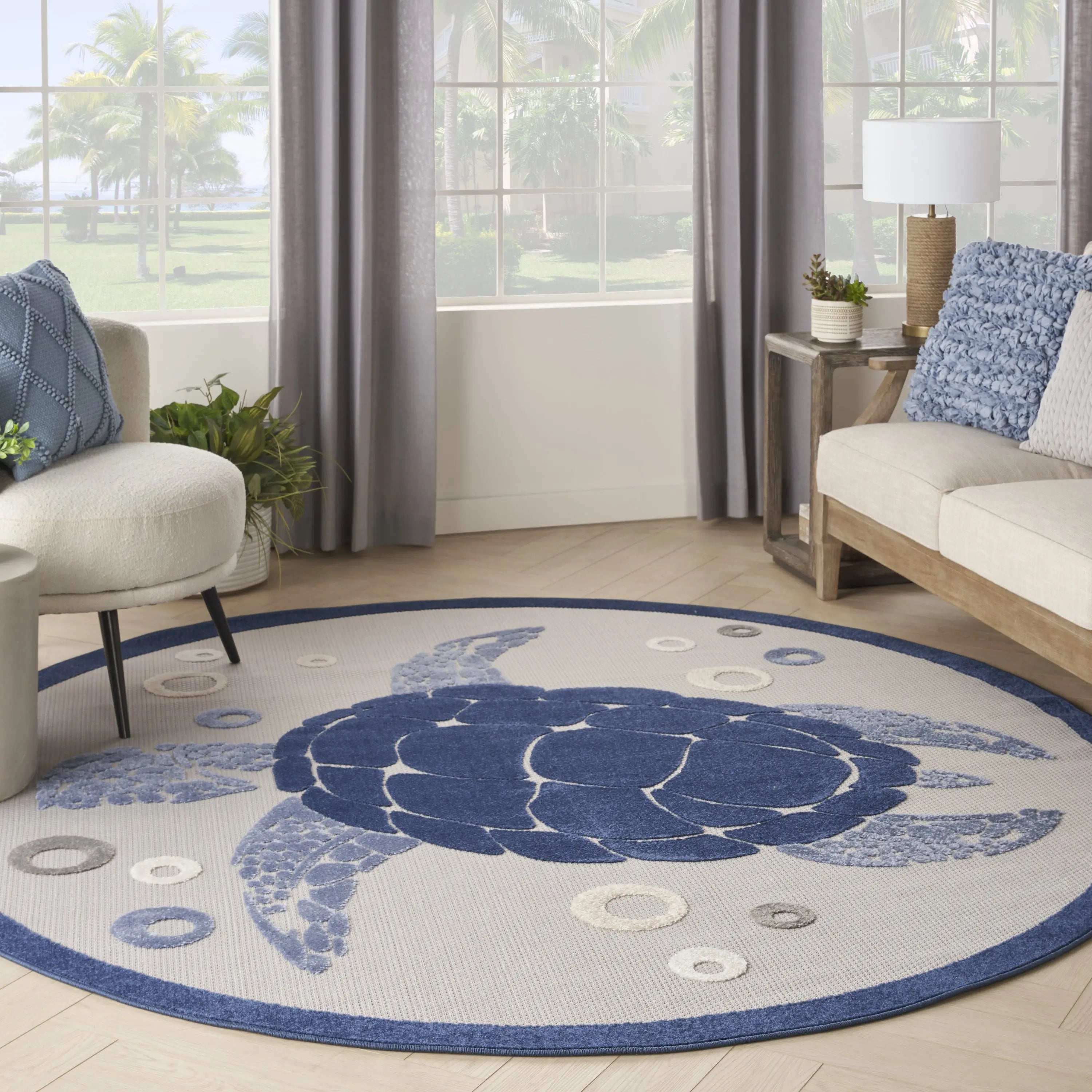 5' Navy Blue And Light Blue Round Sea Turtle Indoor Outdoor Area Rug Homeroots Outdoor