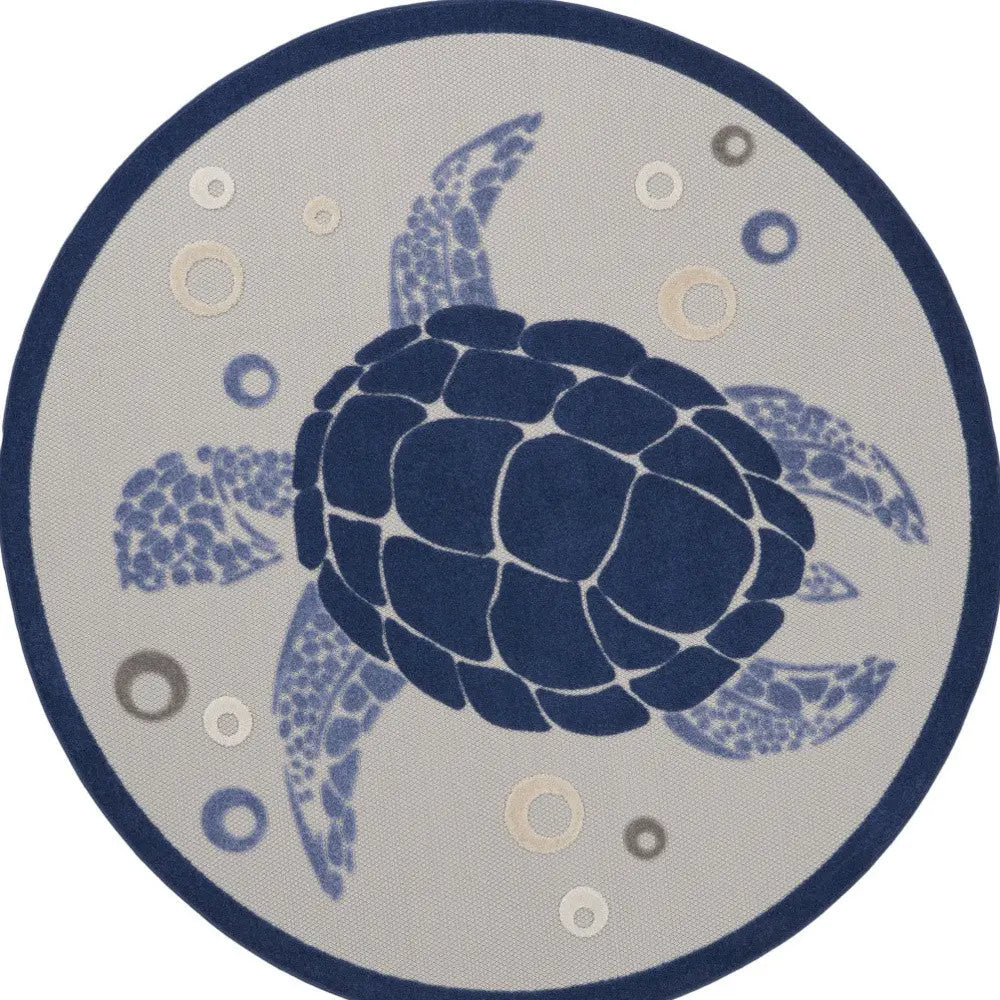 5' Navy Blue And Light Blue Round Sea Turtle Indoor Outdoor Area Rug Homeroots Outdoor
