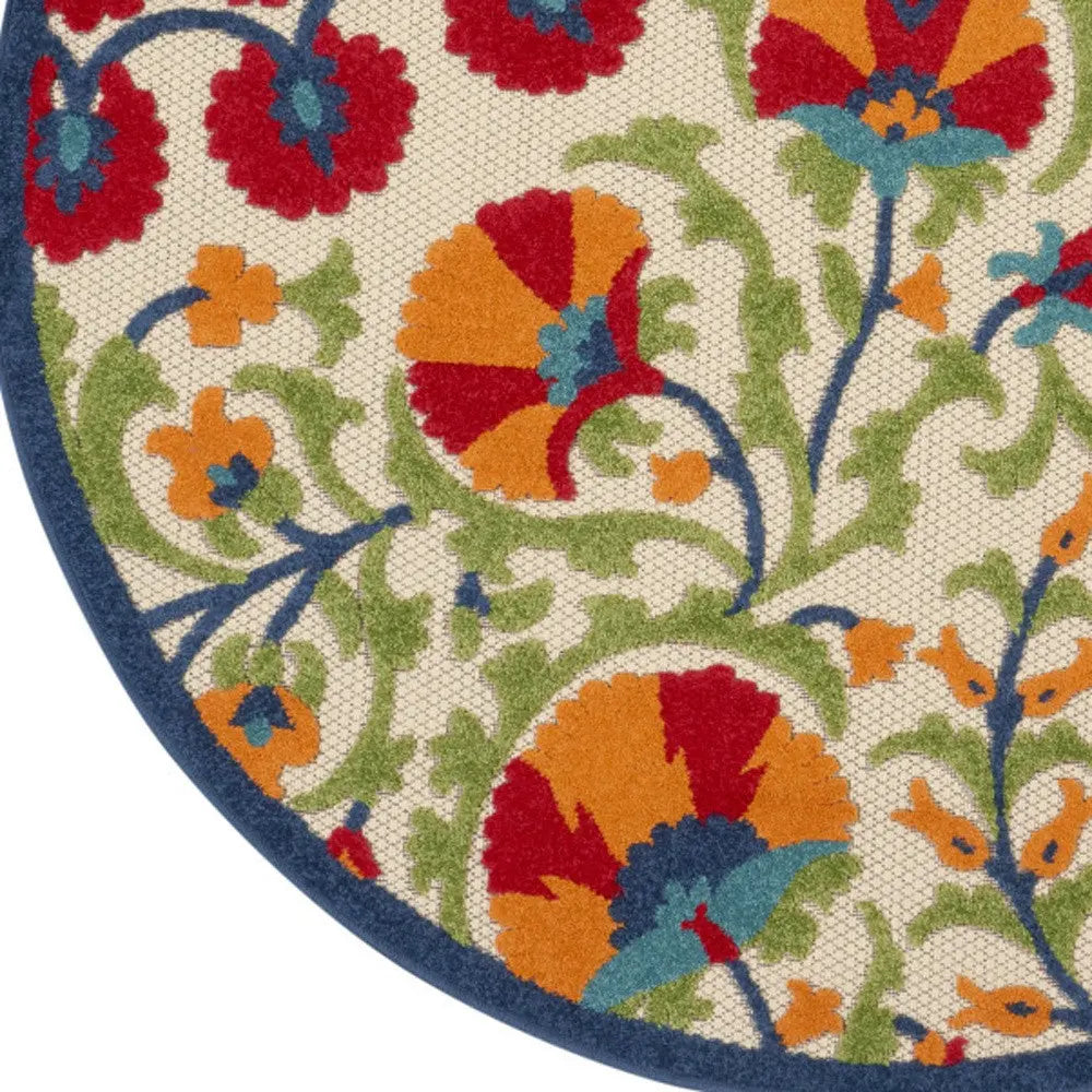 5' Navy Blue Beige Green Blue And Red Round Floral Indoor Outdoor Area Rug Homeroots Outdoor