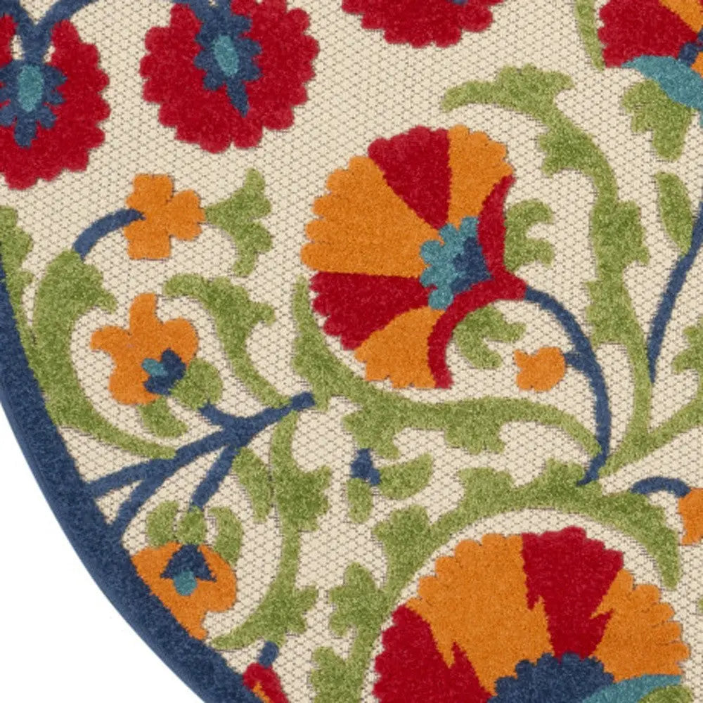 5' Navy Blue Beige Green Blue And Red Round Floral Indoor Outdoor Area Rug Homeroots Outdoor