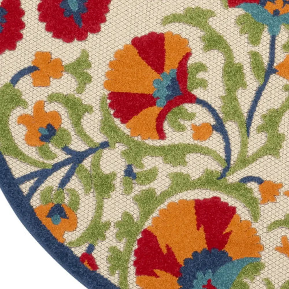 5' Navy Blue Beige Green Blue And Red Round Floral Indoor Outdoor Area Rug Homeroots Outdoor