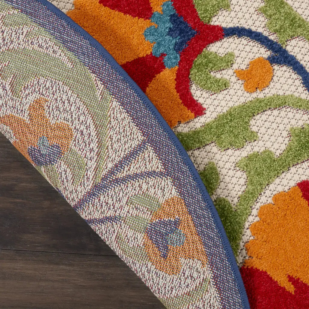 5' Navy Blue Beige Green Blue And Red Round Floral Indoor Outdoor Area Rug Homeroots Outdoor