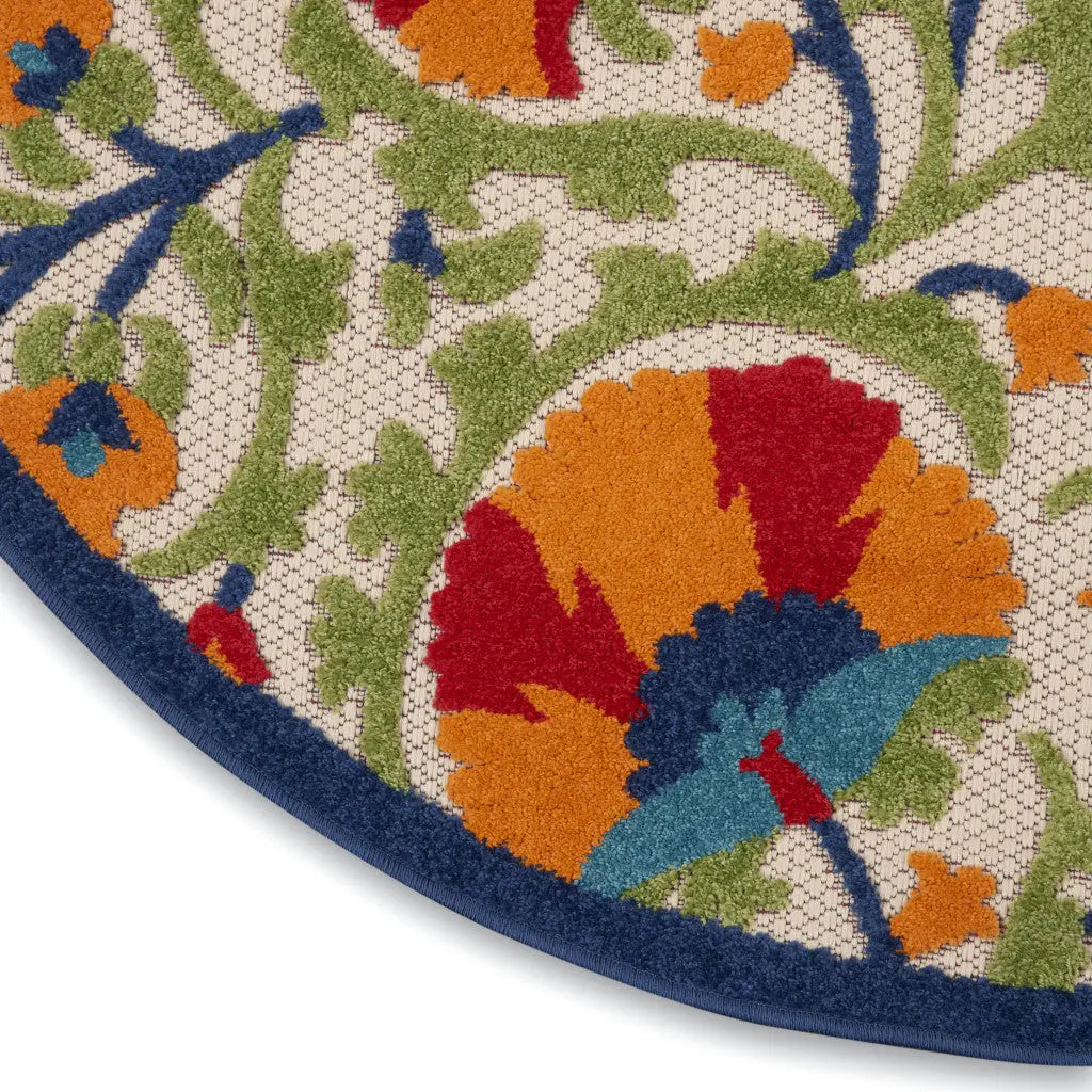 5' Navy Blue Beige Green Blue And Red Round Floral Indoor Outdoor Area Rug Homeroots Outdoor