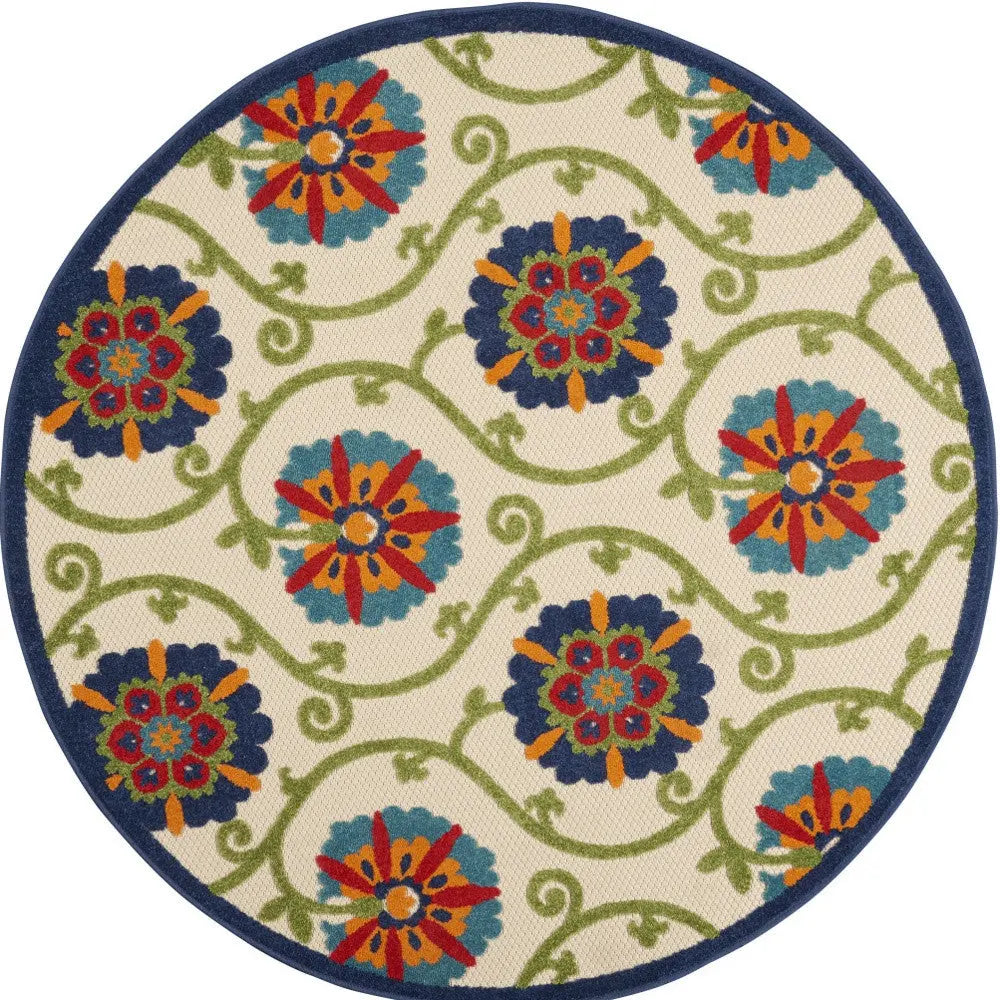 5' Navy Blue Beige Green Blue And Red Round Floral Indoor Outdoor Area Rug Homeroots Outdoor