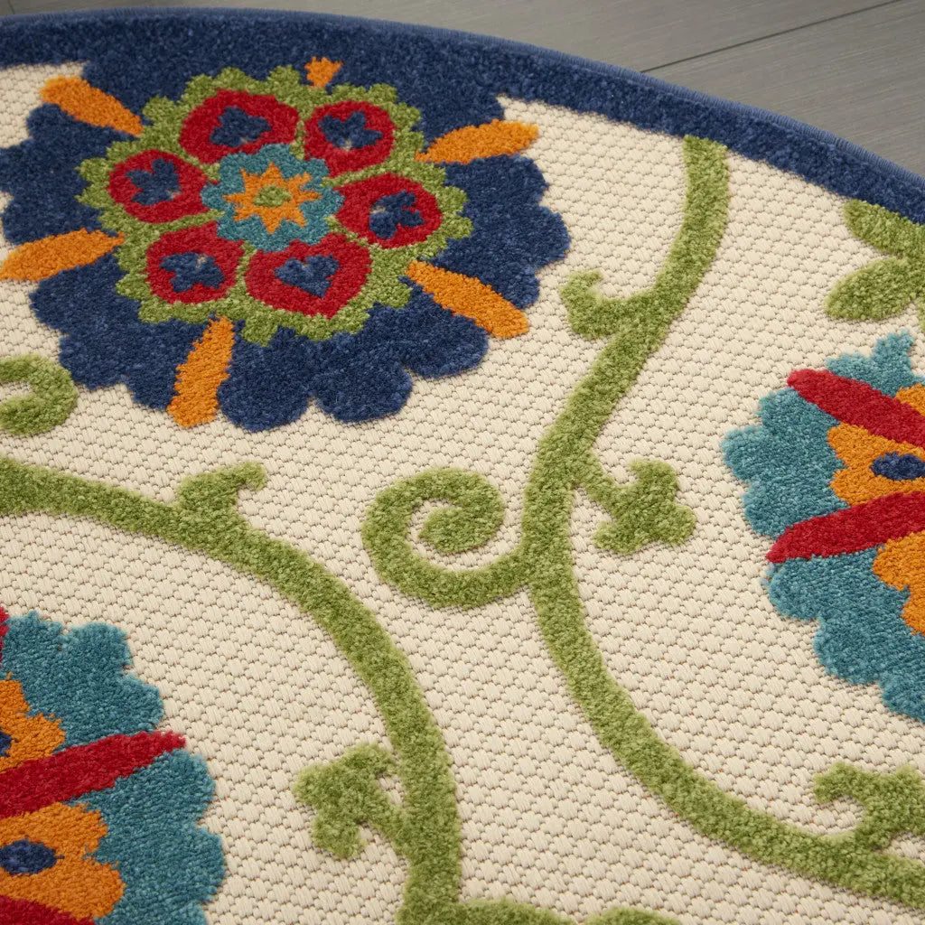 5' Navy Blue Beige Green Blue And Red Round Floral Indoor Outdoor Area Rug Homeroots Outdoor