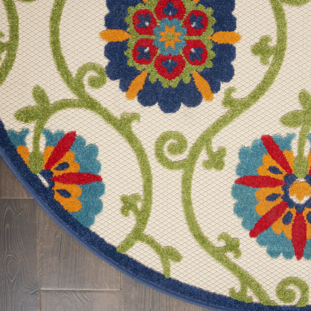 5' Navy Blue Beige Green Blue And Red Round Floral Indoor Outdoor Area Rug Homeroots Outdoor