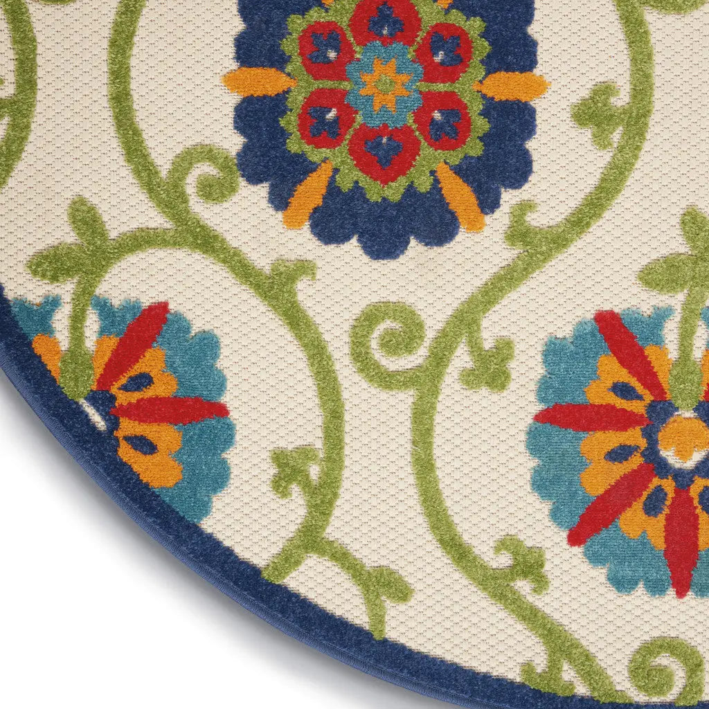 5' Navy Blue Beige Green Blue And Red Round Floral Indoor Outdoor Area Rug Homeroots Outdoor