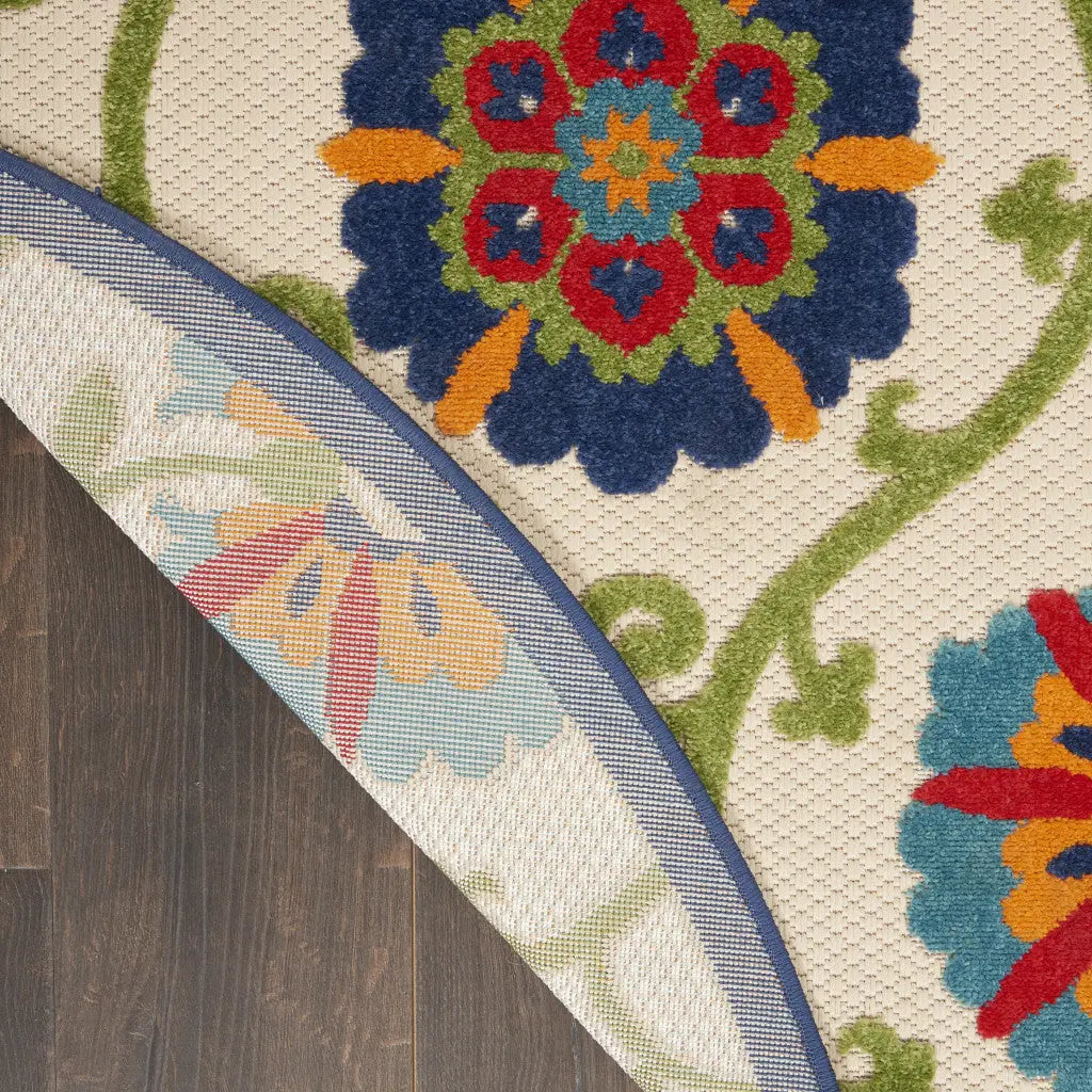 5' Navy Blue Beige Green Blue And Red Round Floral Indoor Outdoor Area Rug Homeroots Outdoor