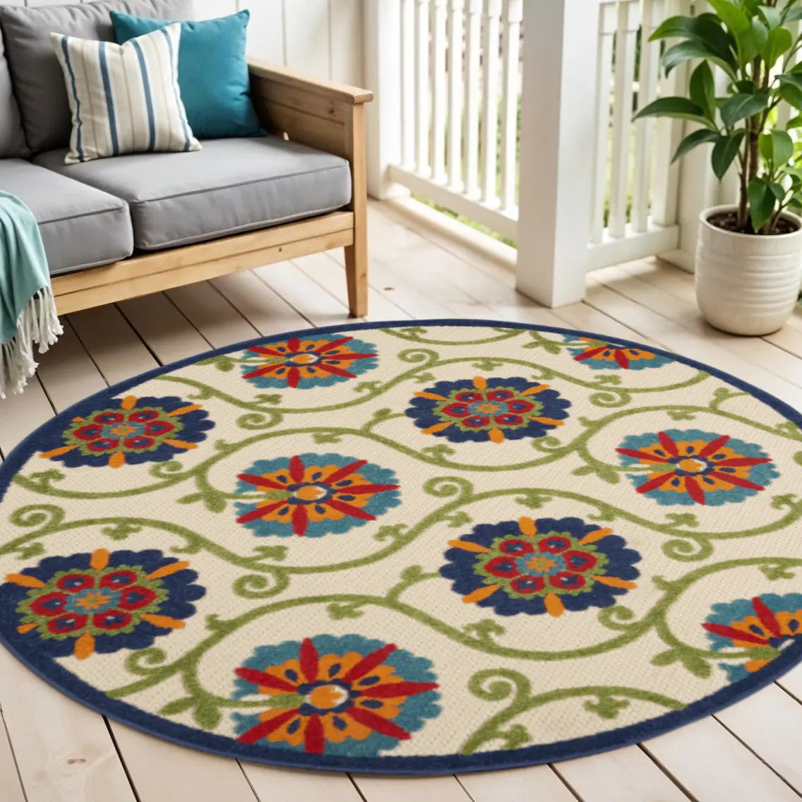 5' Navy Blue Beige Green Blue And Red Round Floral Indoor Outdoor Area Rug Homeroots Outdoor
