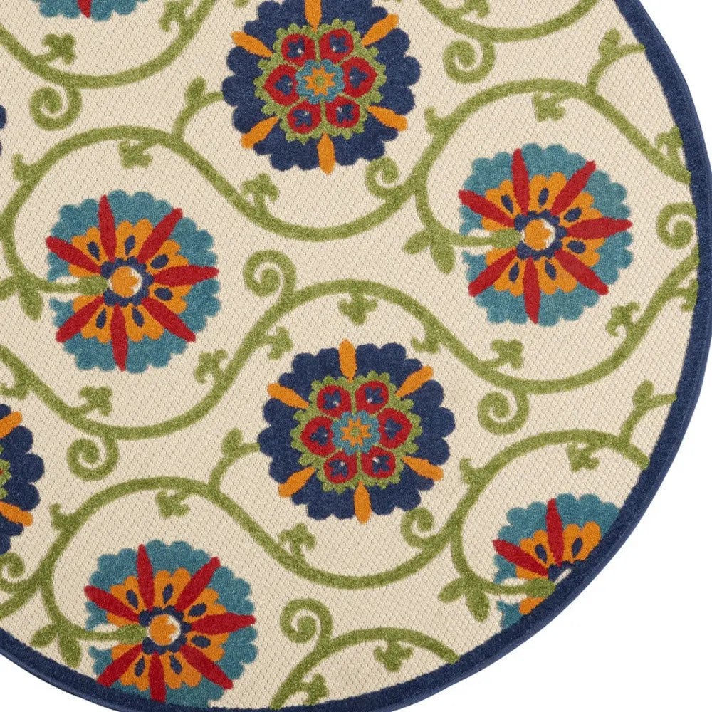 5' Navy Blue Beige Green Blue And Red Round Floral Indoor Outdoor Area Rug Homeroots Outdoor