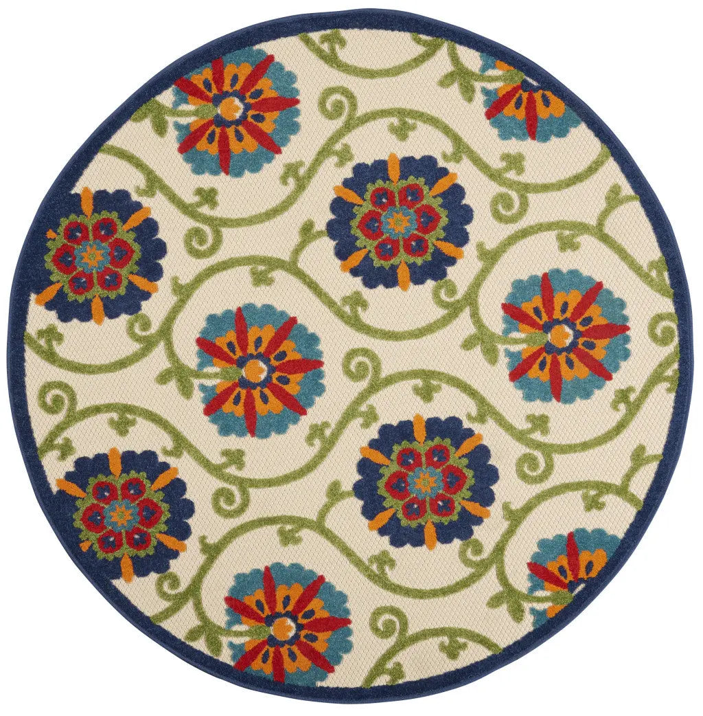5' Navy Blue Beige Green Blue And Red Round Floral Indoor Outdoor Area Rug Homeroots Outdoor