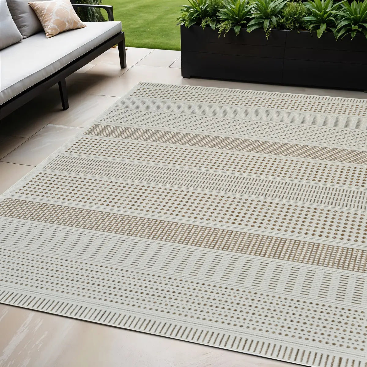 5' X 7' Beige And Brown Geometric Distressed Indoor Outdoor Area Rug Homeroots Outdoor