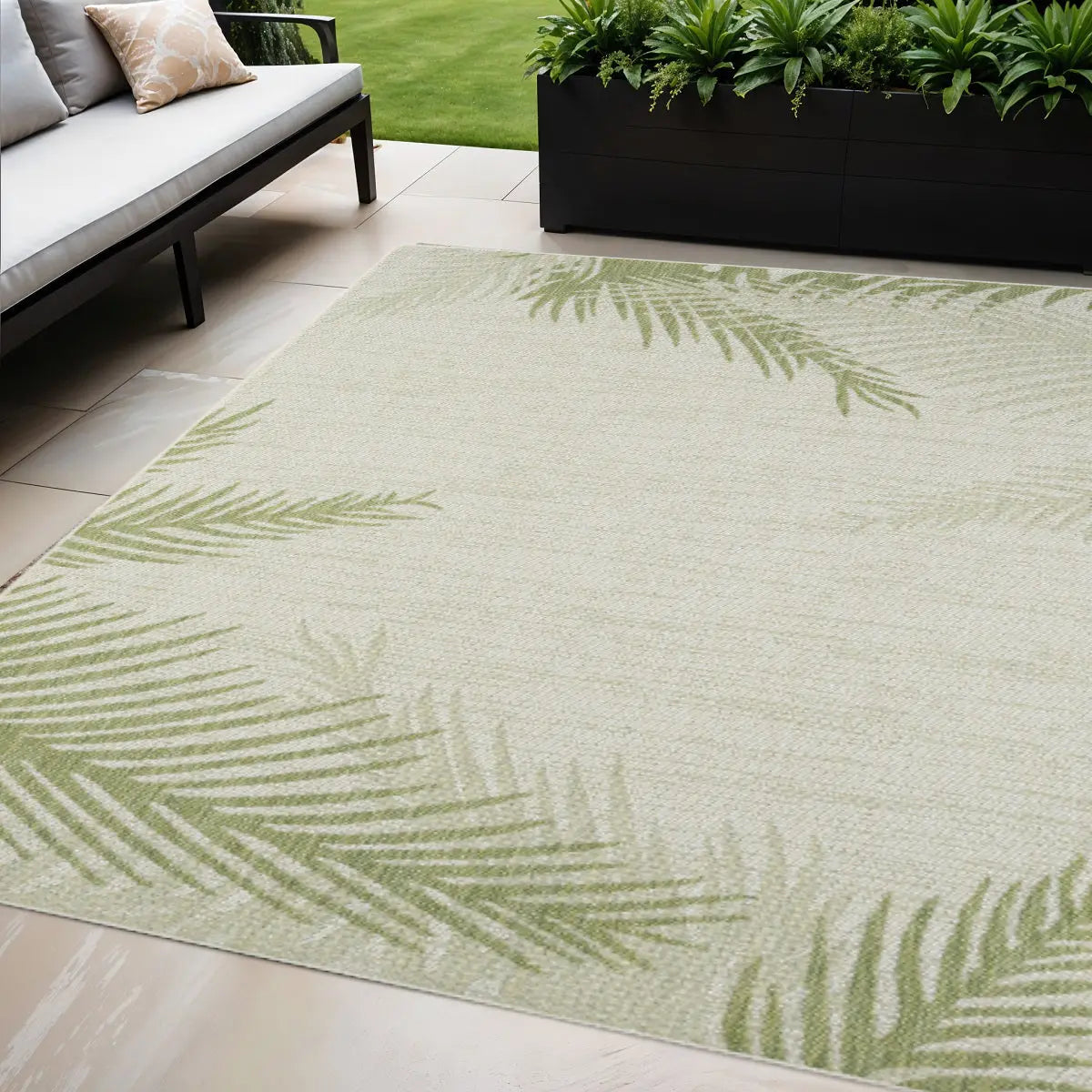 5' X 7' Beige And Green Palm Leaf Indoor Outdoor Area Rug Homeroots Outdoor