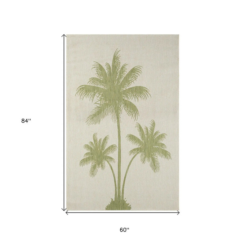 5' X 7' Beige And Green Palm Tree Indoor Outdoor Area Rug Homeroots Outdoor