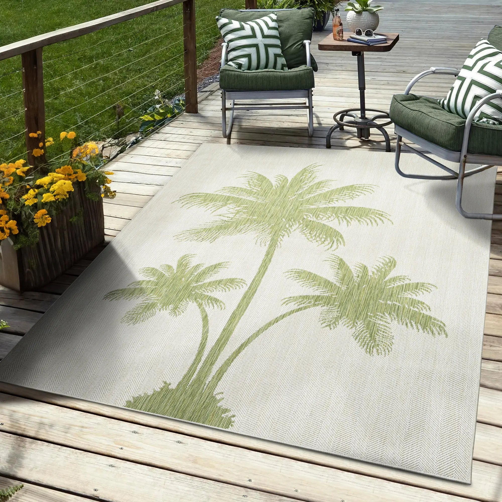 5' X 7' Beige And Green Palm Tree Indoor Outdoor Area Rug Homeroots Outdoor