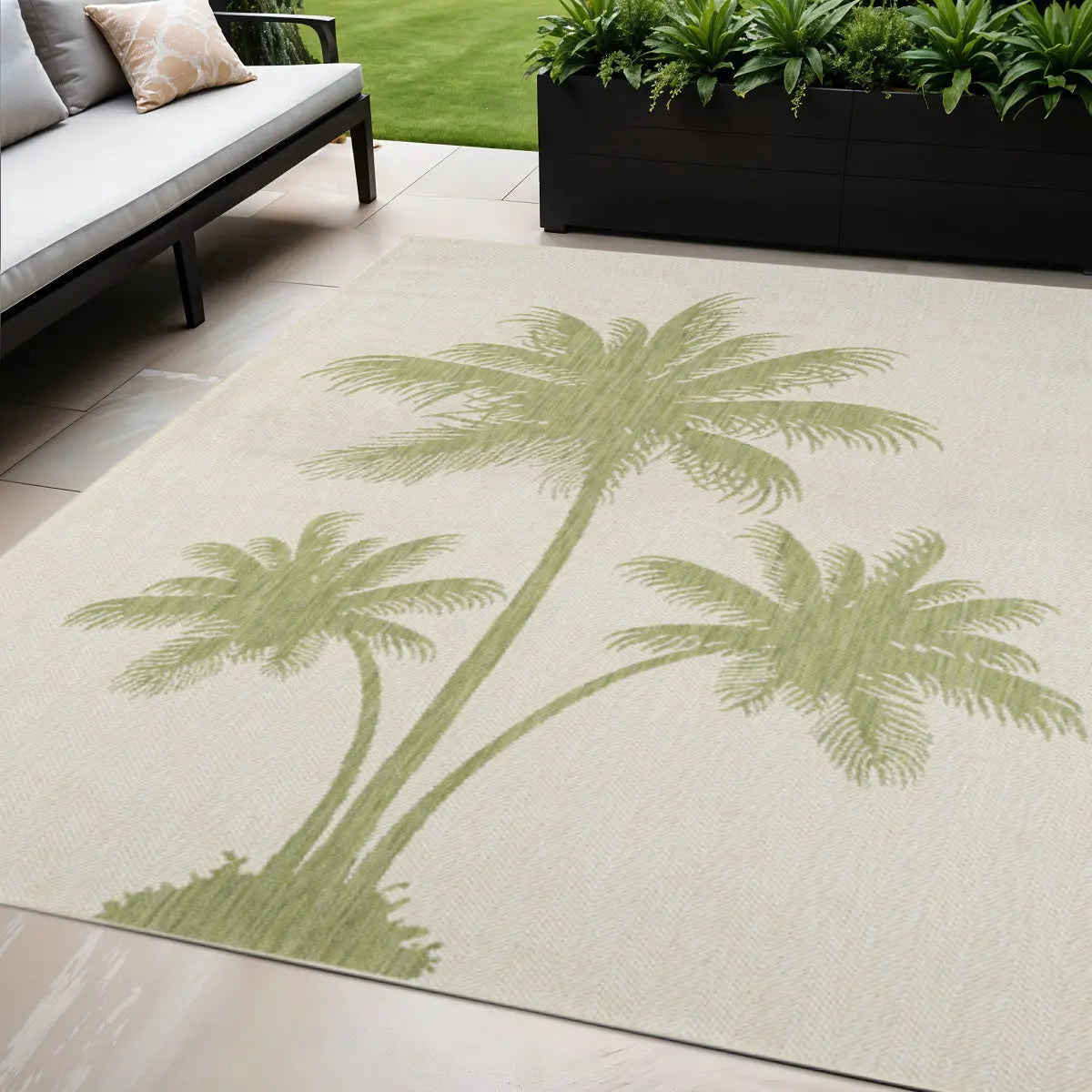 5' X 7' Beige And Green Palm Tree Indoor Outdoor Area Rug Homeroots Outdoor