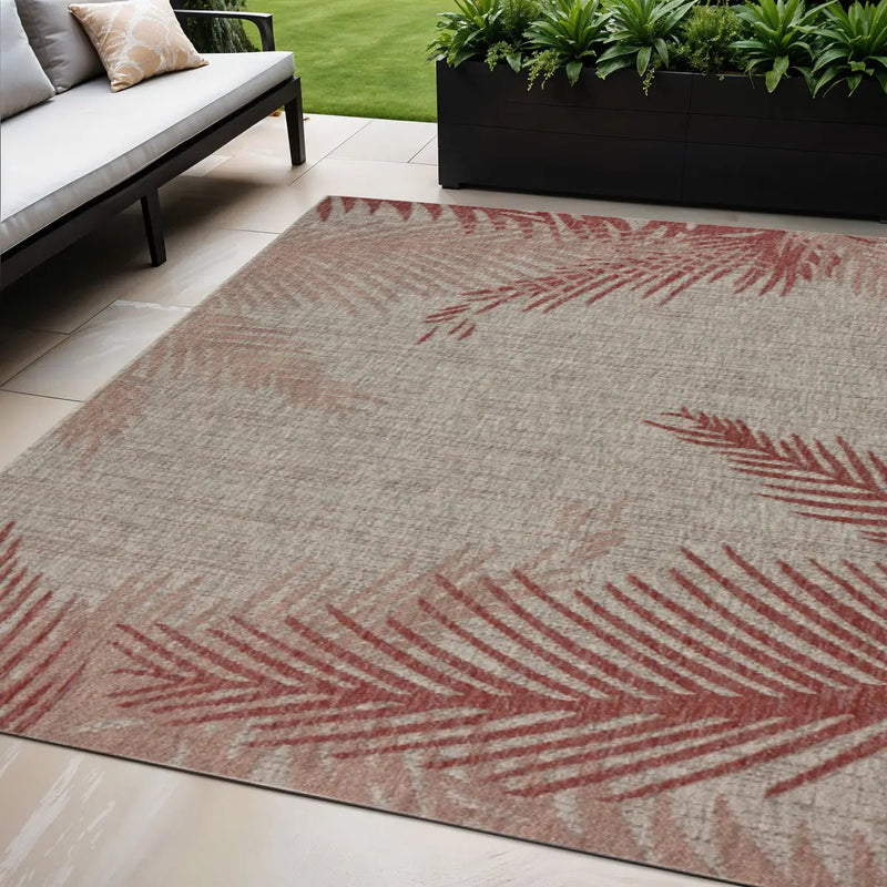 5' X 7' Beige And Red Palm Leaf Indoor Outdoor Area Rug Homeroots Outdoor