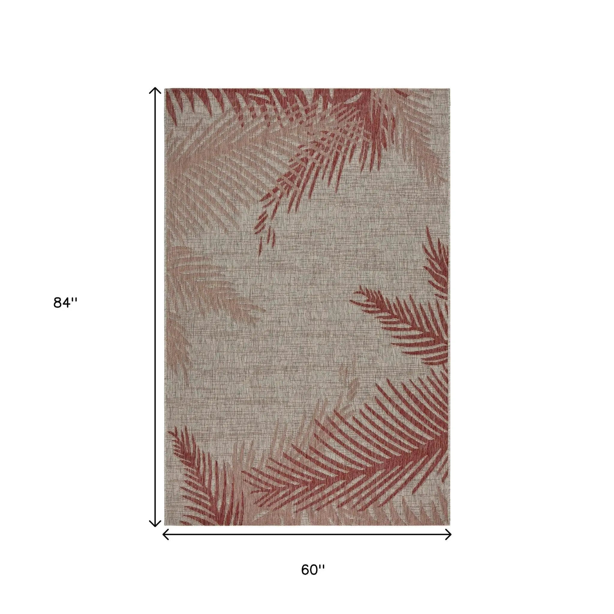 5' X 7' Beige And Red Palm Leaf Indoor Outdoor Area Rug Homeroots Outdoor