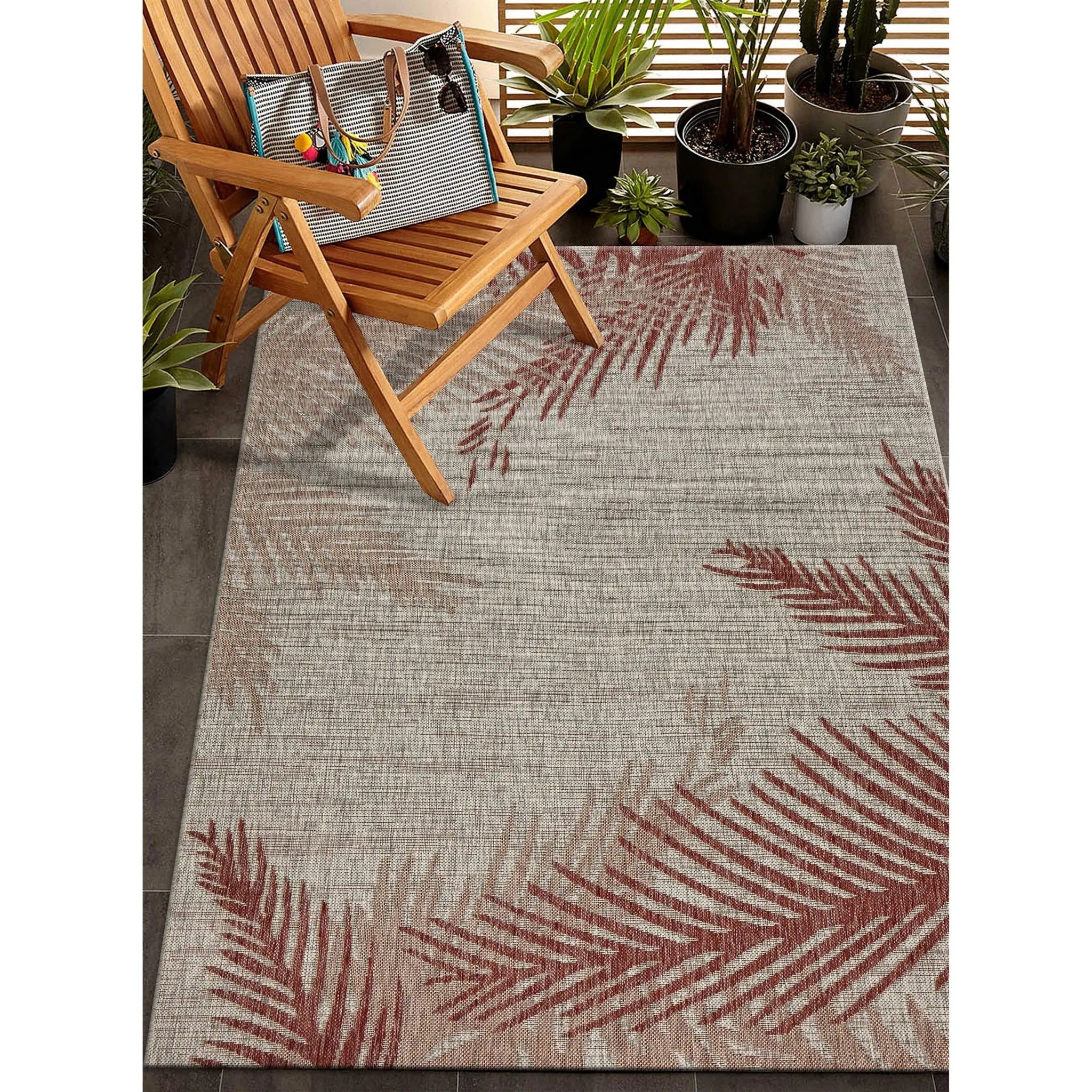 5' X 7' Beige And Red Palm Leaf Indoor Outdoor Area Rug Homeroots Outdoor
