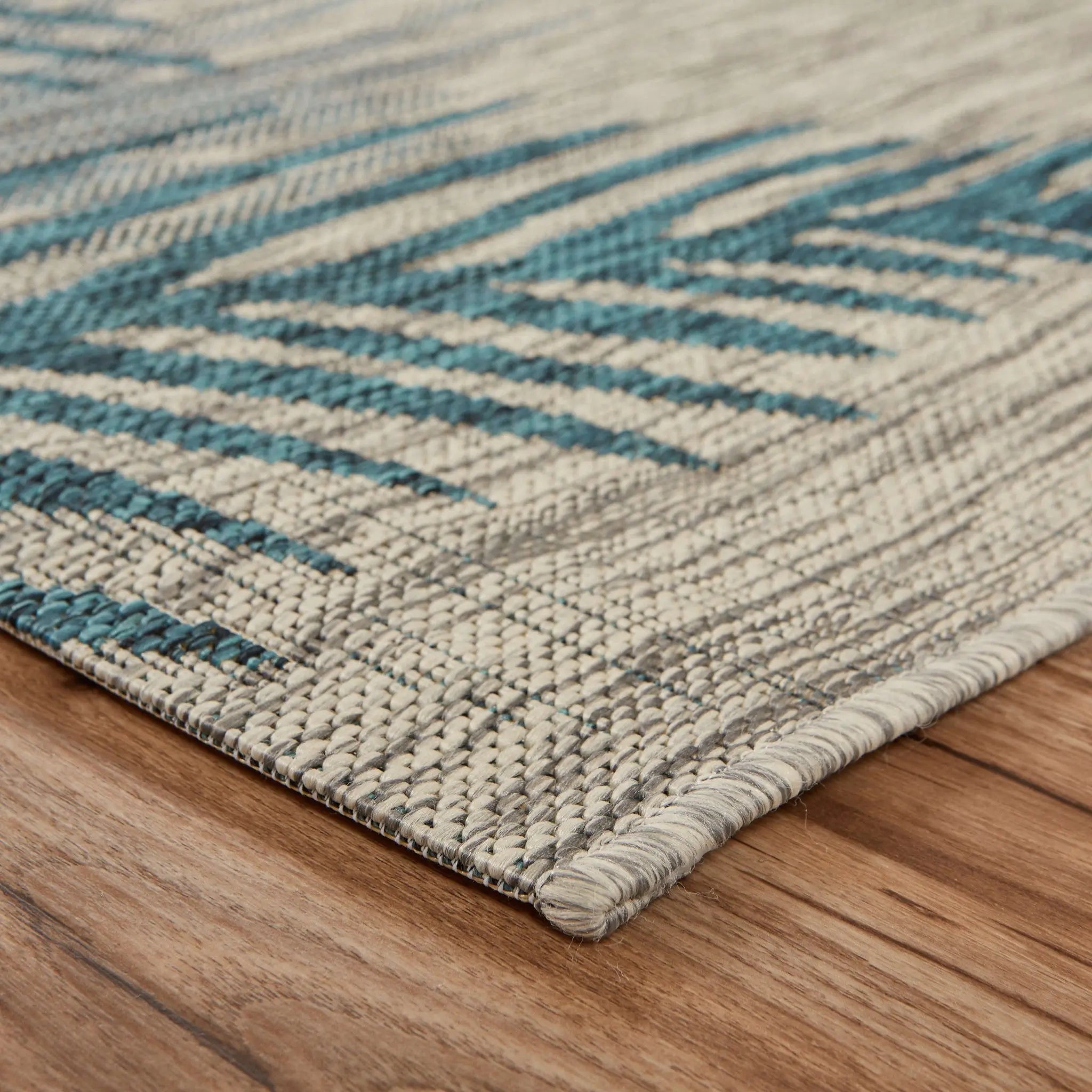 5' X 7' Beige And Teal Blue Palm Leaf Indoor Outdoor Area Rug Homeroots Outdoor