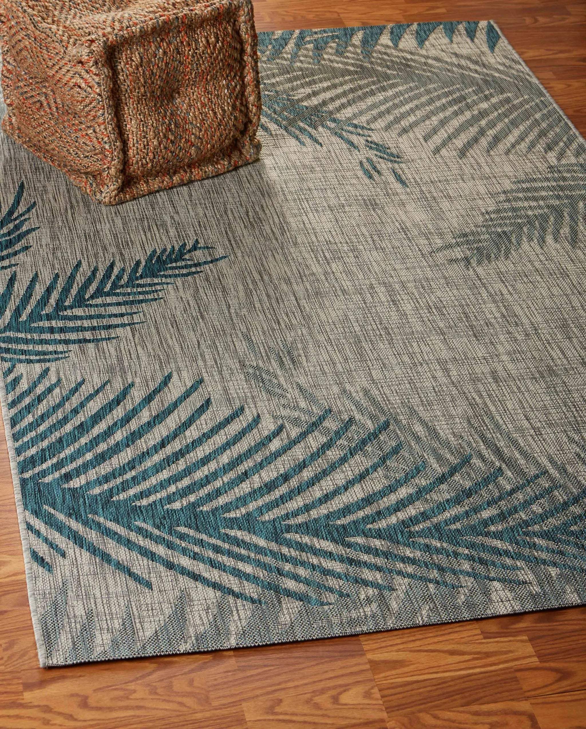 5' X 7' Beige And Teal Blue Palm Leaf Indoor Outdoor Area Rug Homeroots Outdoor