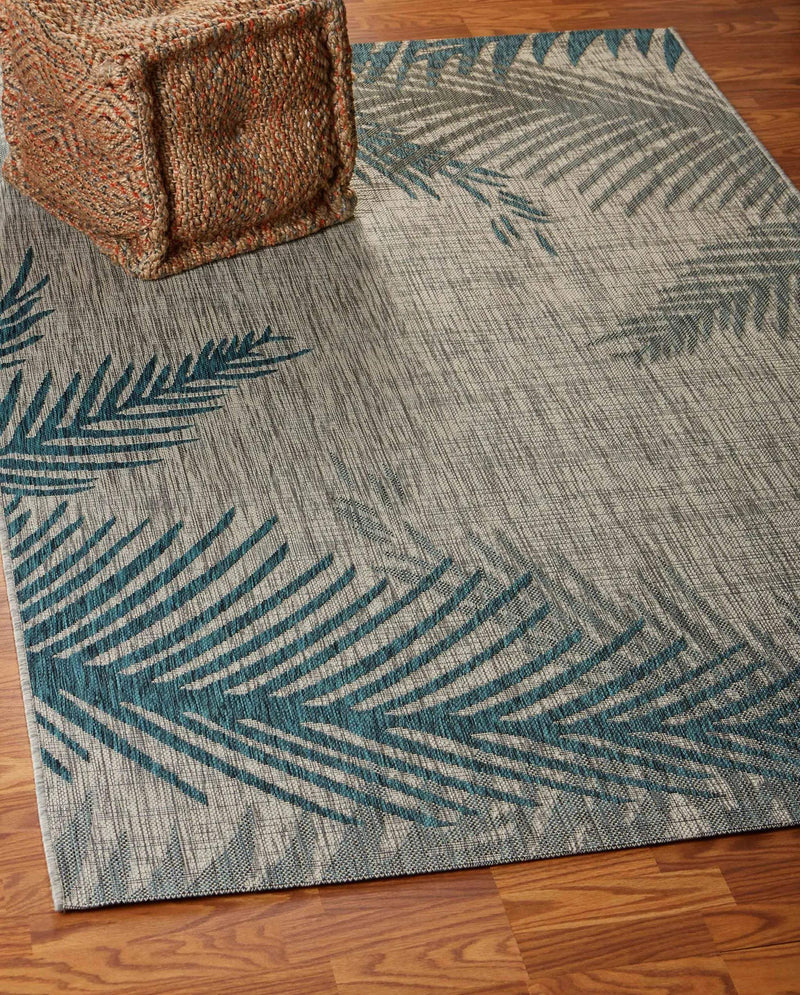 5' X 7' Beige And Teal Blue Palm Leaf Indoor Outdoor Area Rug Homeroots Outdoor