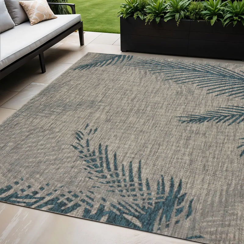 5' X 7' Beige And Teal Blue Palm Leaf Indoor Outdoor Area Rug Homeroots Outdoor