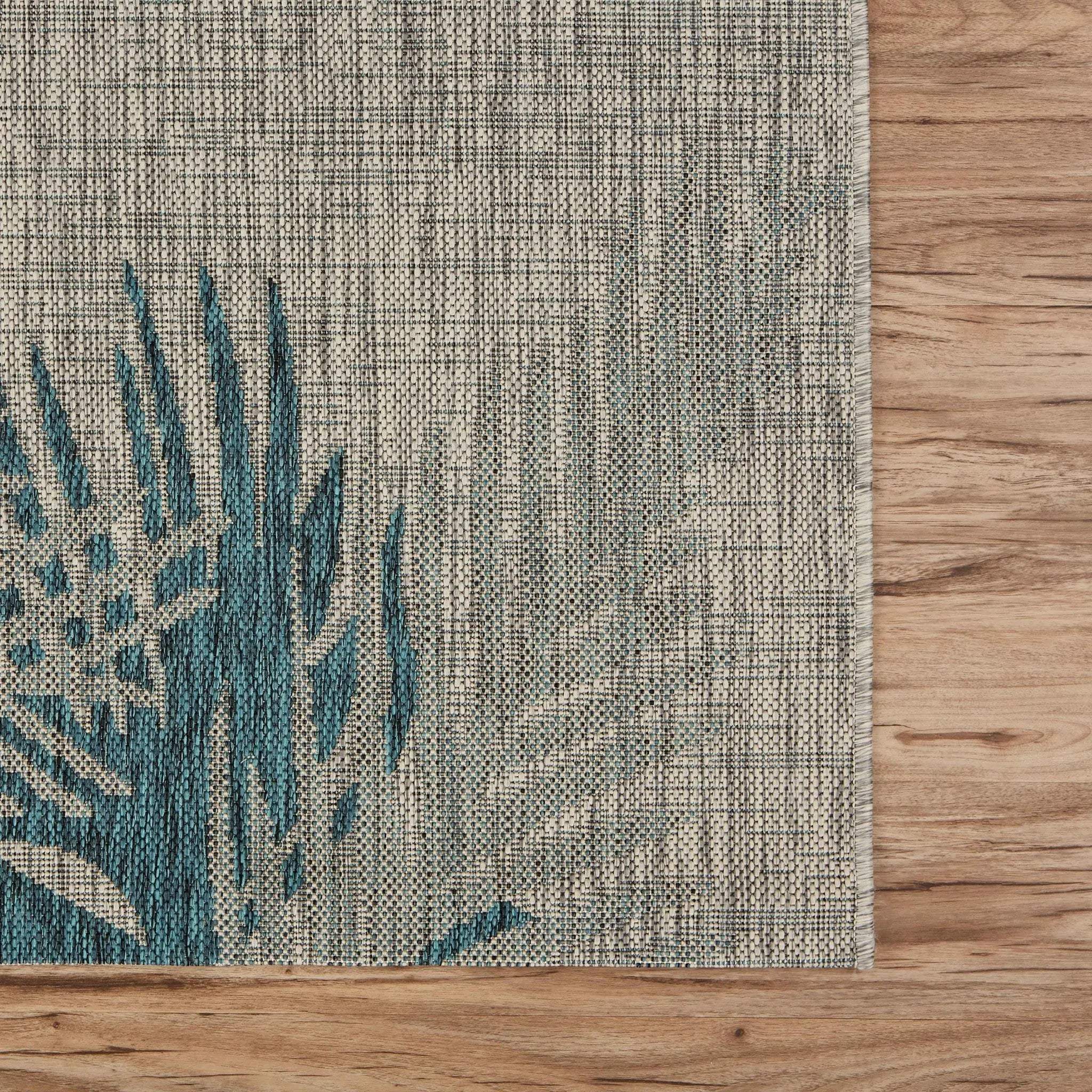 5' X 7' Beige And Teal Blue Palm Leaf Indoor Outdoor Area Rug Homeroots Outdoor