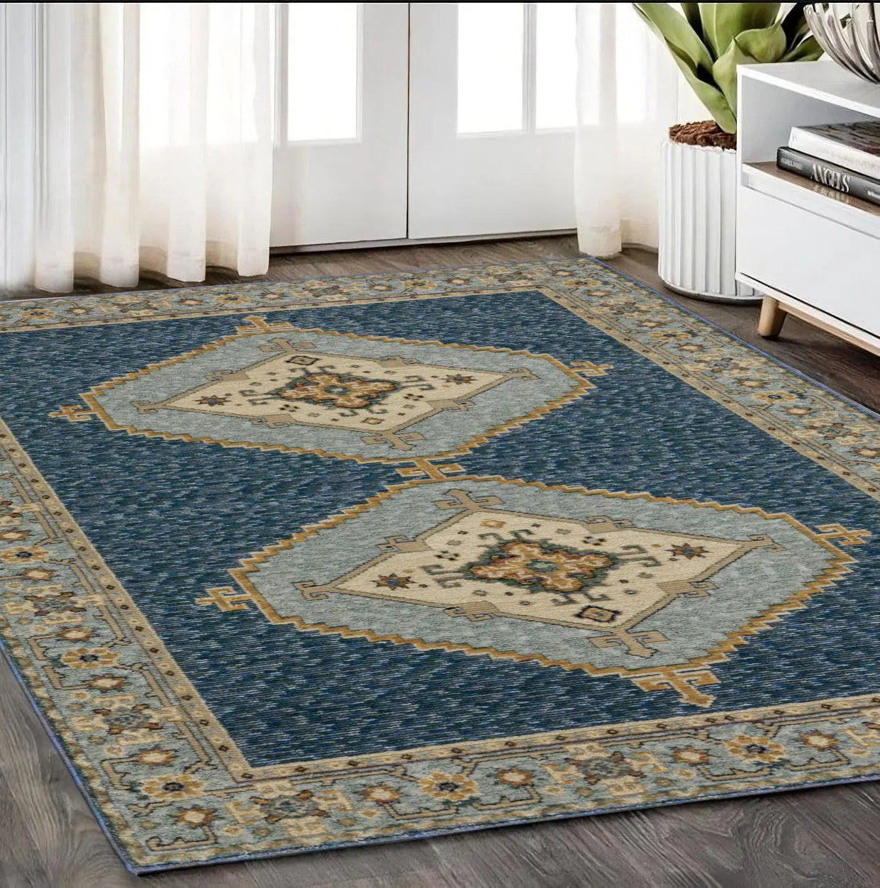 5' X 7' Blue And Gold Medallion Area Rug Homeroots Home Decor