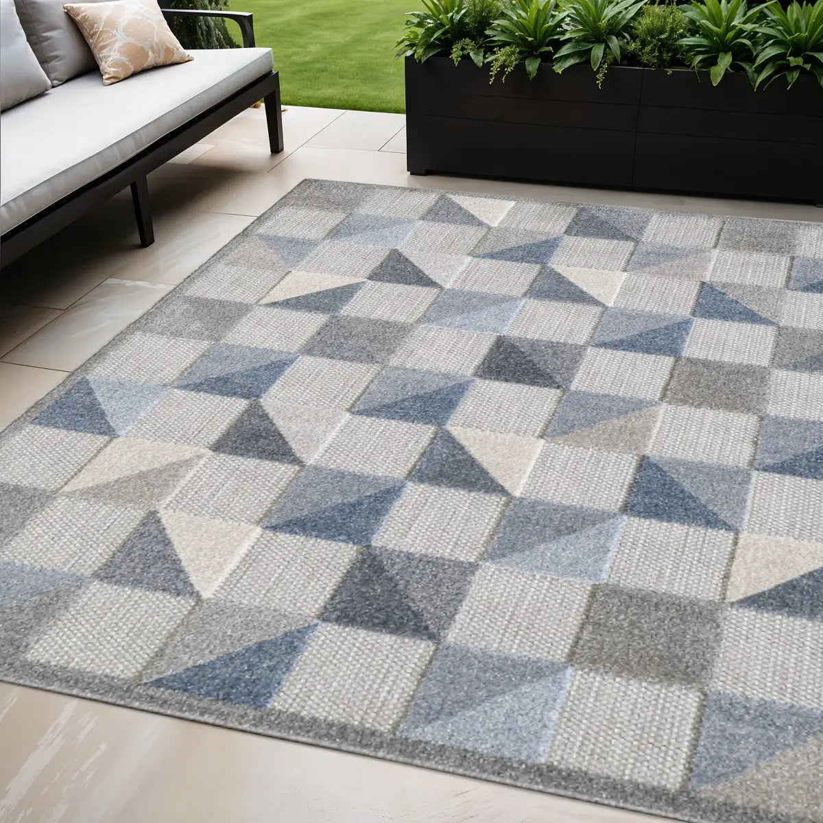 5' X 7' Blue And Gray Geometric Stain Resistant Indoor Outdoor Area Rug Homeroots Outdoor