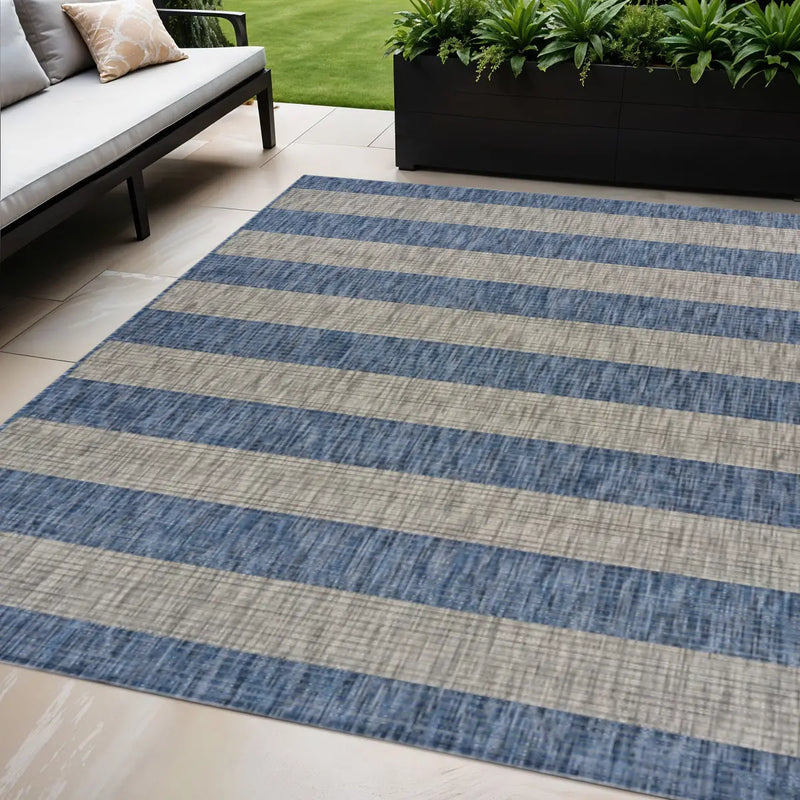 5' X 7' Blue And Gray Striped Indoor Outdoor Area Rug Homeroots Outdoor