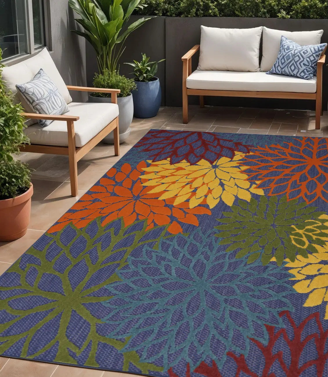 5' X 7' Blue Yellow and Green Indoor Outdoor Area Rug Homeroots Outdoor