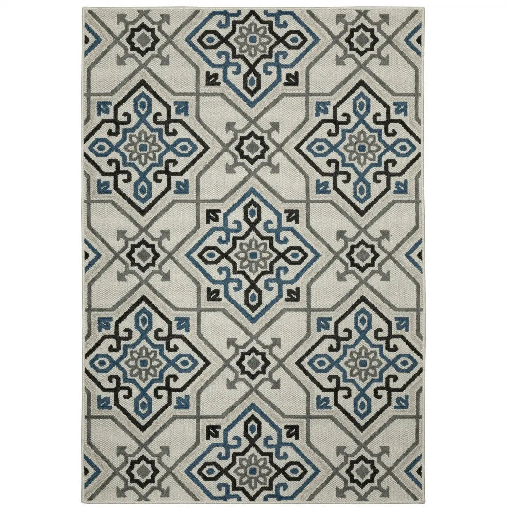 5' X 7' Blue and Beige Oriental Stain Resistant Indoor Outdoor Area Rug Homeroots Outdoor