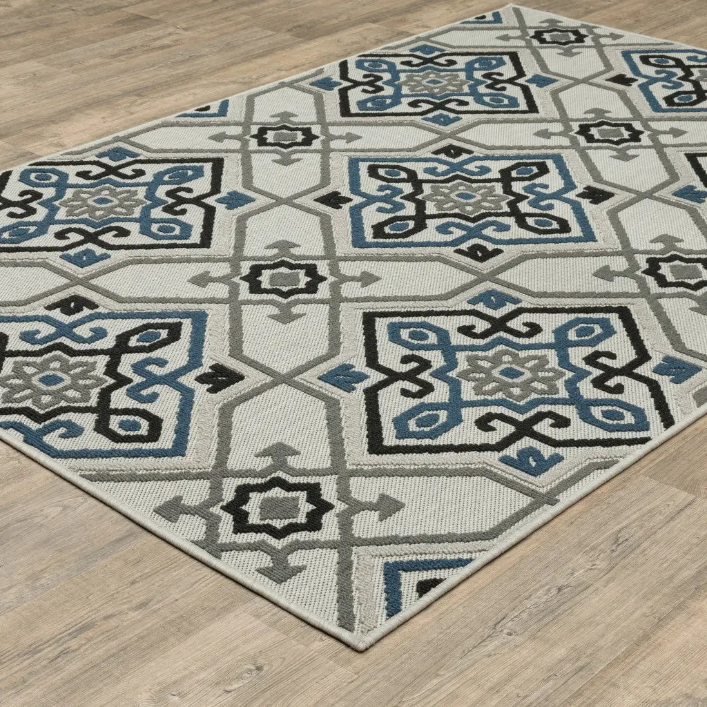 5' X 7' Blue and Beige Oriental Stain Resistant Indoor Outdoor Area Rug Homeroots Outdoor