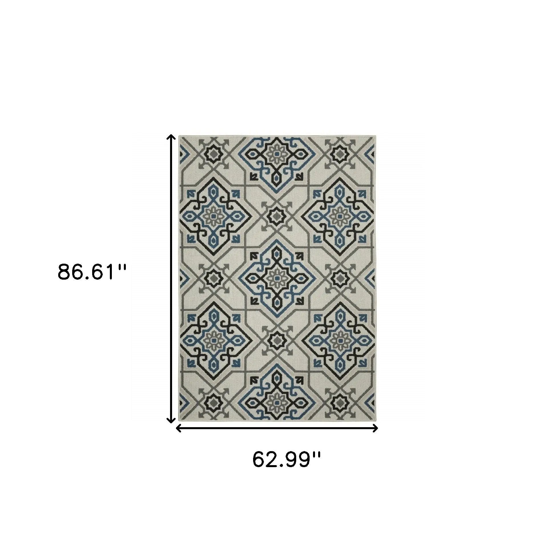 5' X 7' Blue and Beige Oriental Stain Resistant Indoor Outdoor Area Rug Homeroots Outdoor