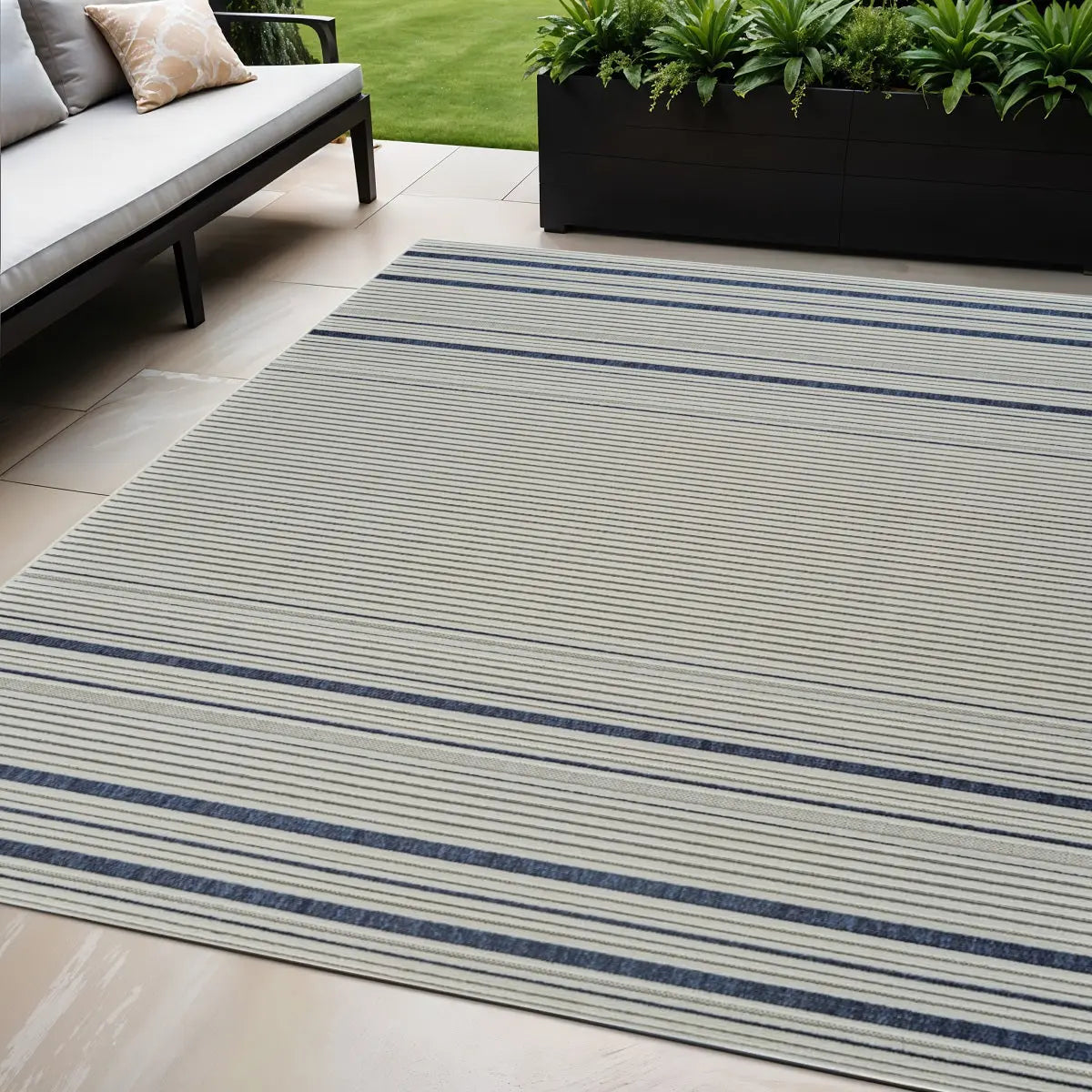 5' X 7' Blue and Cream Striped Distressed Indoor Outdoor Area Rug Homeroots Outdoor