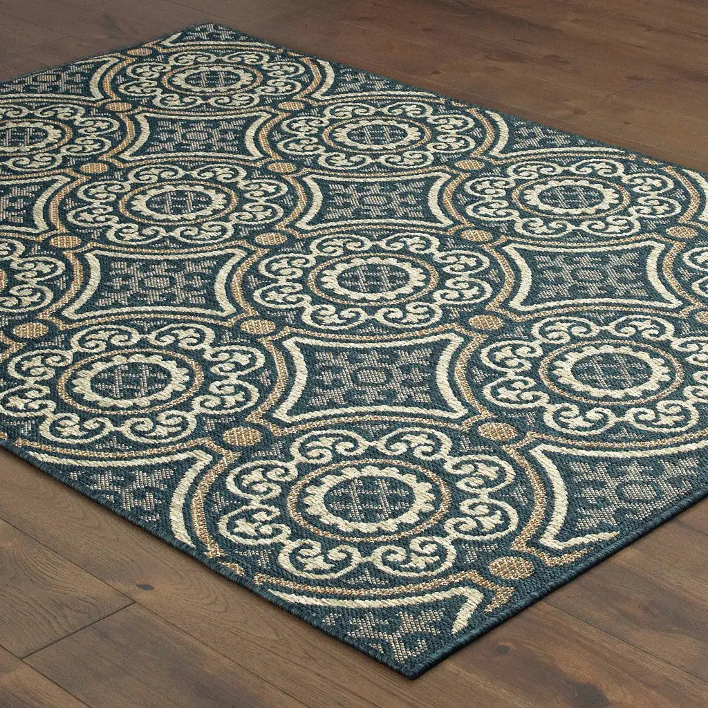 5' X 7' Blue and Gray Geometric Stain Resistant Indoor Outdoor Area Rug Homeroots Outdoor