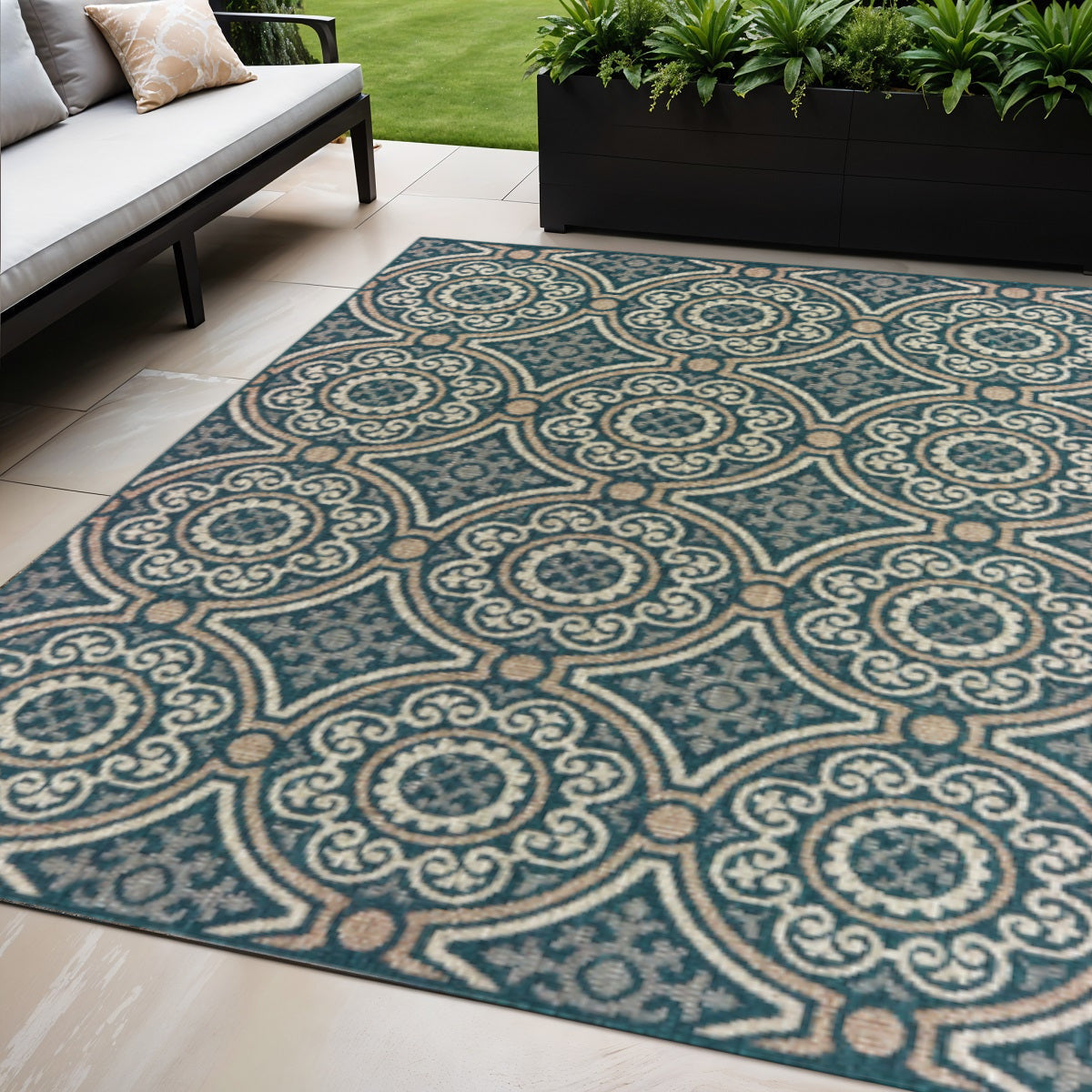 5' X 7' Blue and Gray Geometric Stain Resistant Indoor Outdoor Area Rug Homeroots Outdoor
