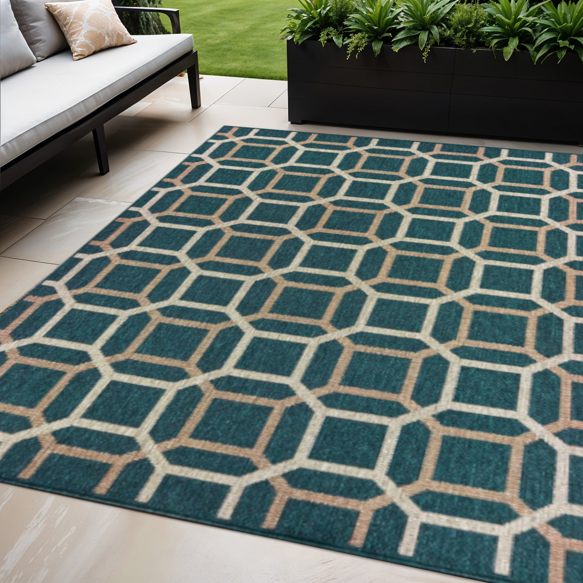 5' X 7' Blue and Gray Geometric Stain Resistant Indoor Outdoor Area Rug Homeroots Outdoor
