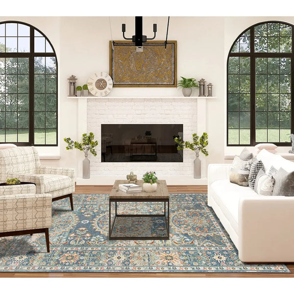 5' X 7' Blue and Orange Floral Medallion Stain Resistant Indoor Outdoor Area Rug Homeroots Outdoor