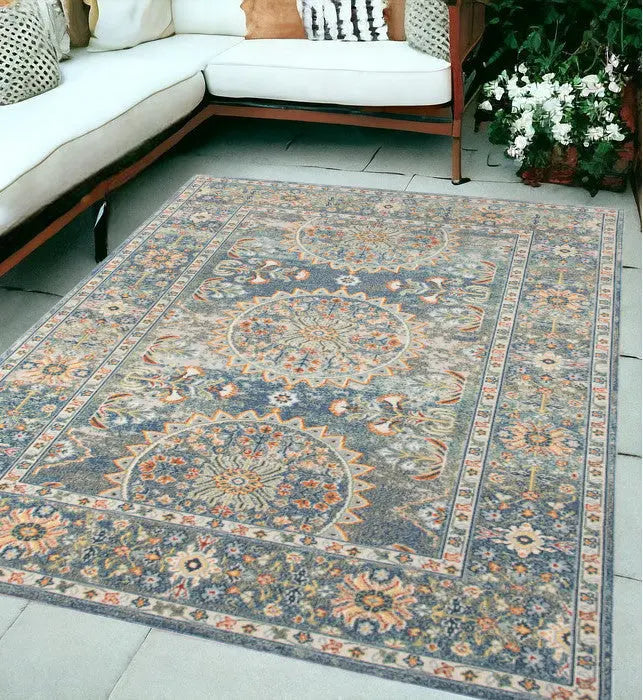 5' X 7' Blue and Orange Floral Medallion Stain Resistant Indoor Outdoor Area Rug Homeroots Outdoor