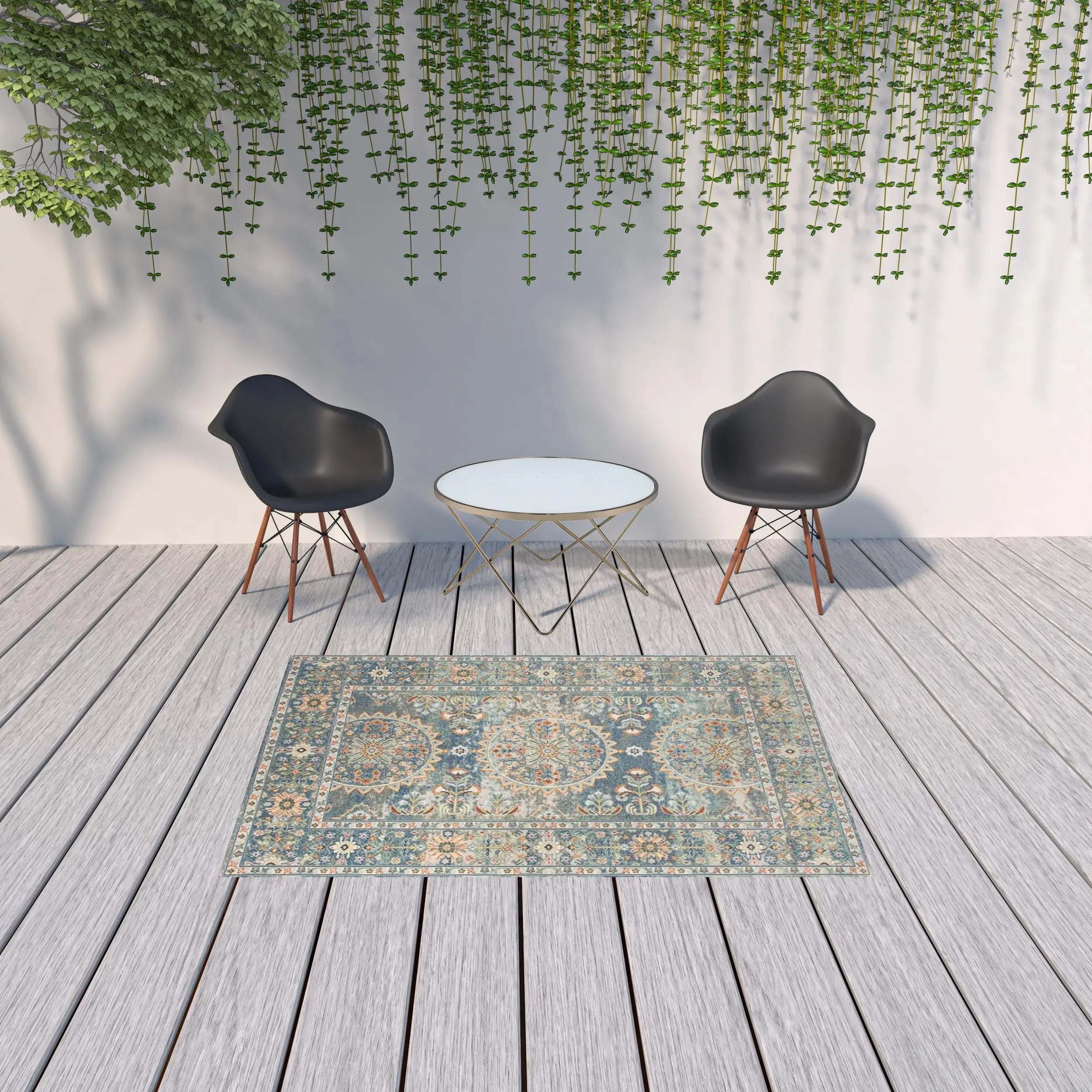 5' X 7' Blue and Orange Floral Medallion Stain Resistant Indoor Outdoor Area Rug Homeroots Outdoor
