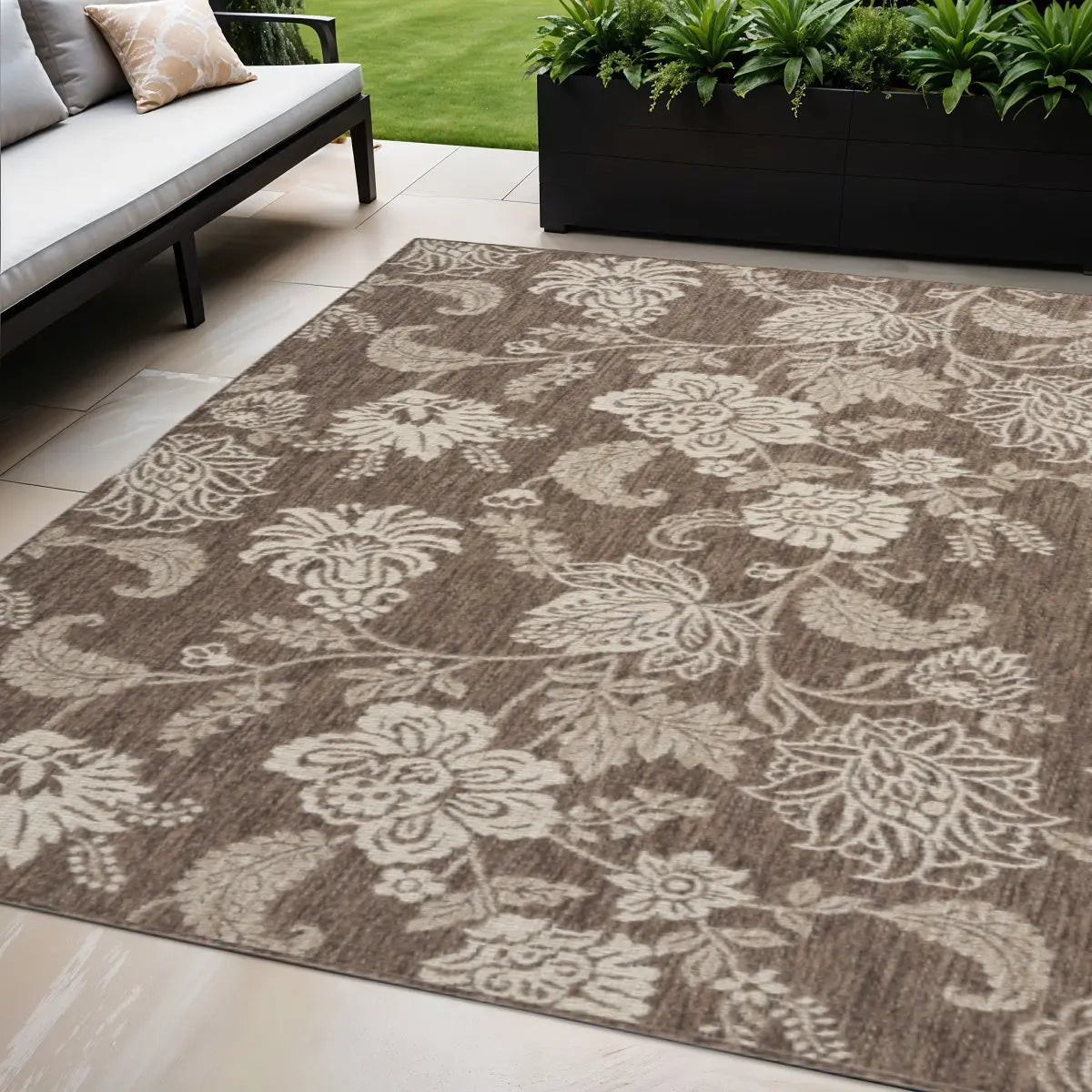 5' X 7' Brown And Ivory Floral Indoor Outdoor Area Rug Homeroots Outdoor