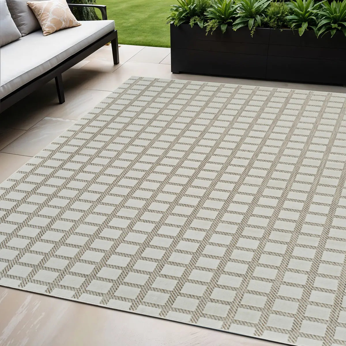 5' X 7' Cream and Beige Geometric Distressed Indoor Outdoor Area Rug Homeroots Outdoor