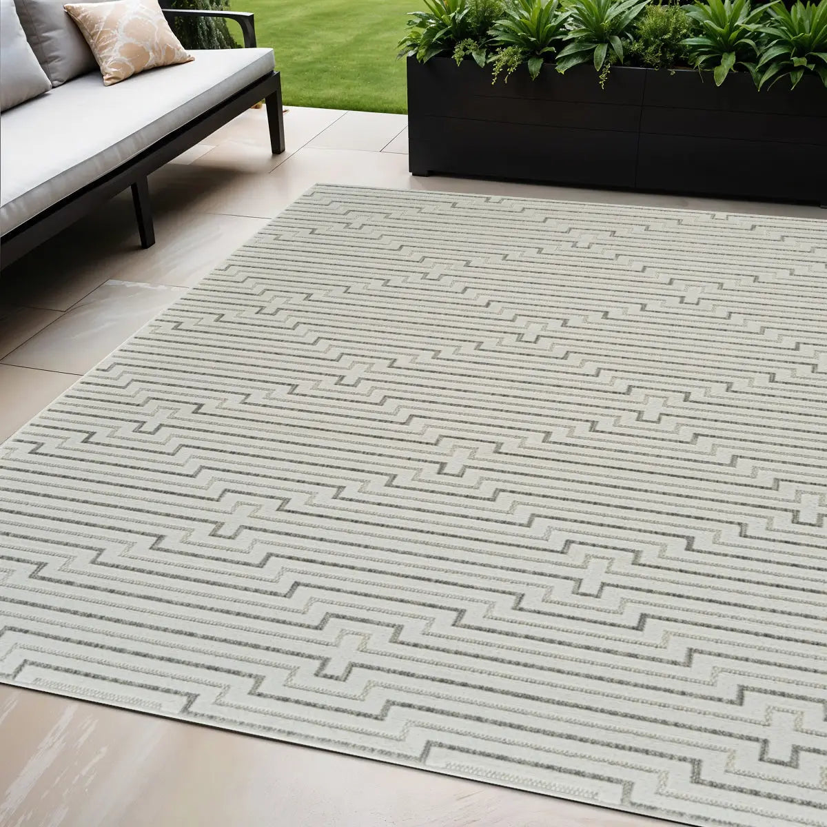 5' X 7' Cream and Beige Geometric Distressed Indoor Outdoor Area Rug Homeroots Outdoor