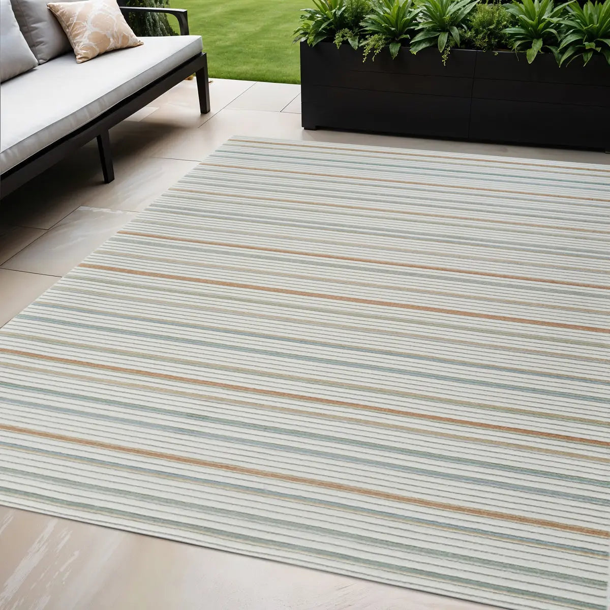 5' X 7' Cream and Beige Striped Distressed Indoor Outdoor Area Rug Homeroots Outdoor