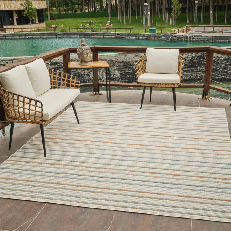 5' X 7' Cream and Beige Striped Distressed Indoor Outdoor Area Rug Homeroots Outdoor