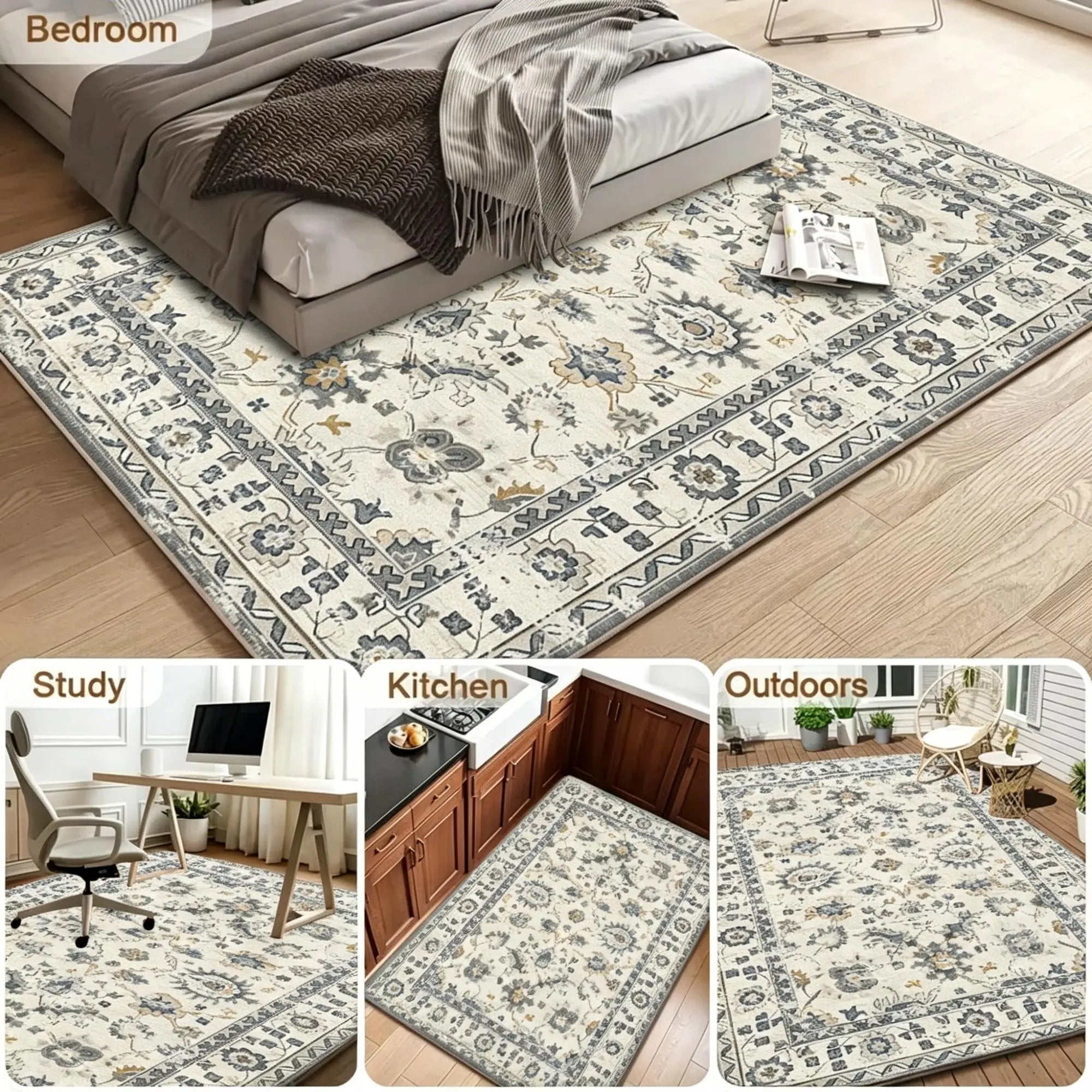 5' X 7' Gold And Gray Floral Washable Area Rug Homeroots Home Decor