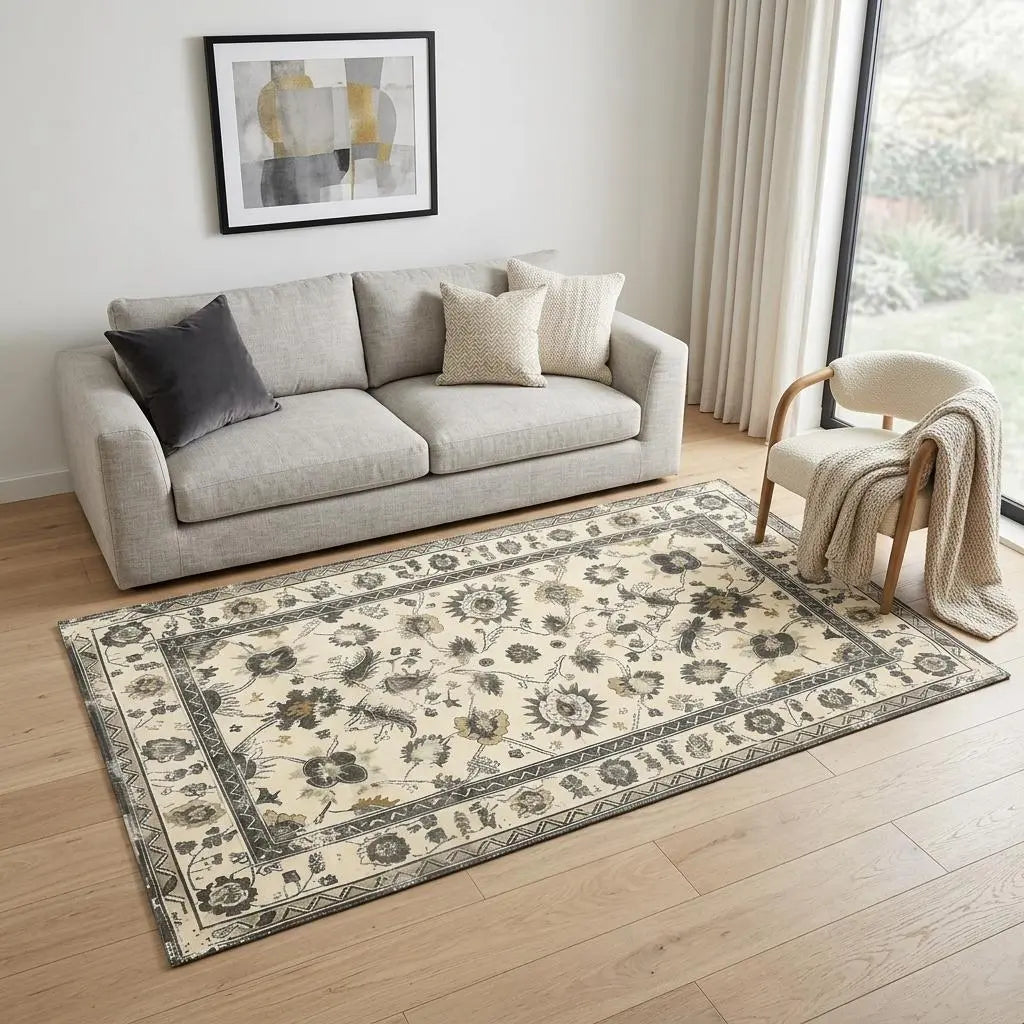 5' X 7' Gold And Gray Floral Washable Area Rug Homeroots Home Decor